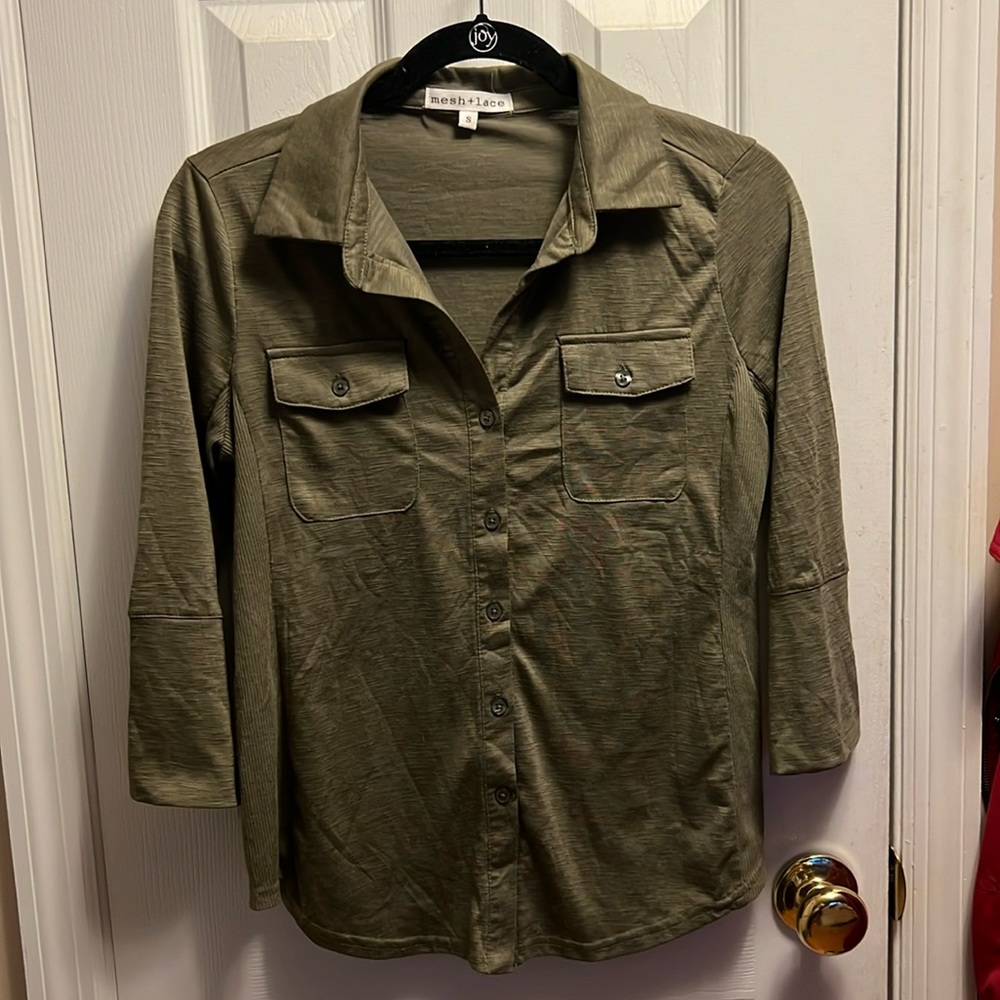 Small Army Green Partial Button Down